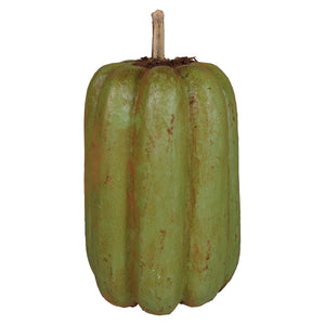 A handcrafted folk art green oval pumpkin candle with a textured surface and wooden stem by raggedy junction design