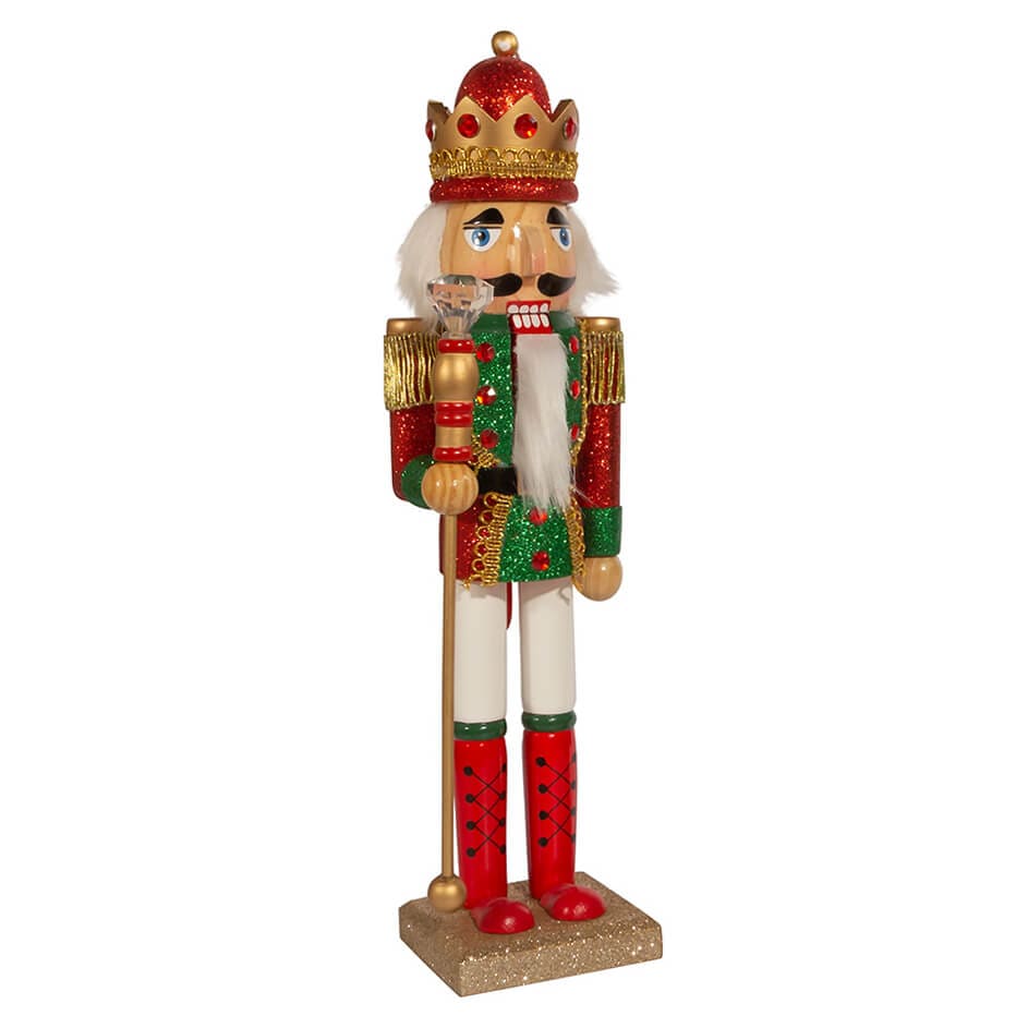 Green & Red Glittered King Nutcracker Holding Staff