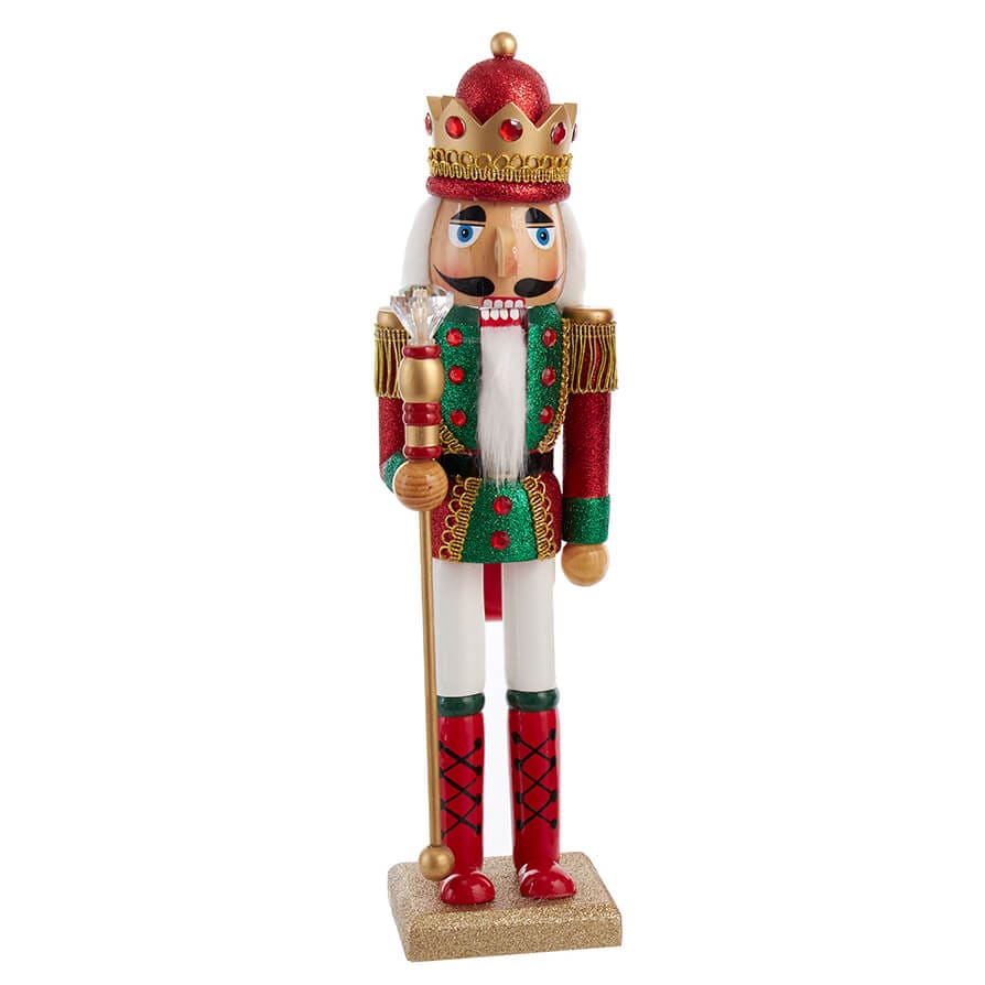 Green & Red Glittered King Nutcracker Holding Staff