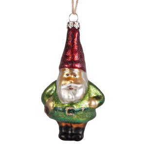 A festive cody foster mercury glass gnome ornament with a glittery red mercury glass hat and green body