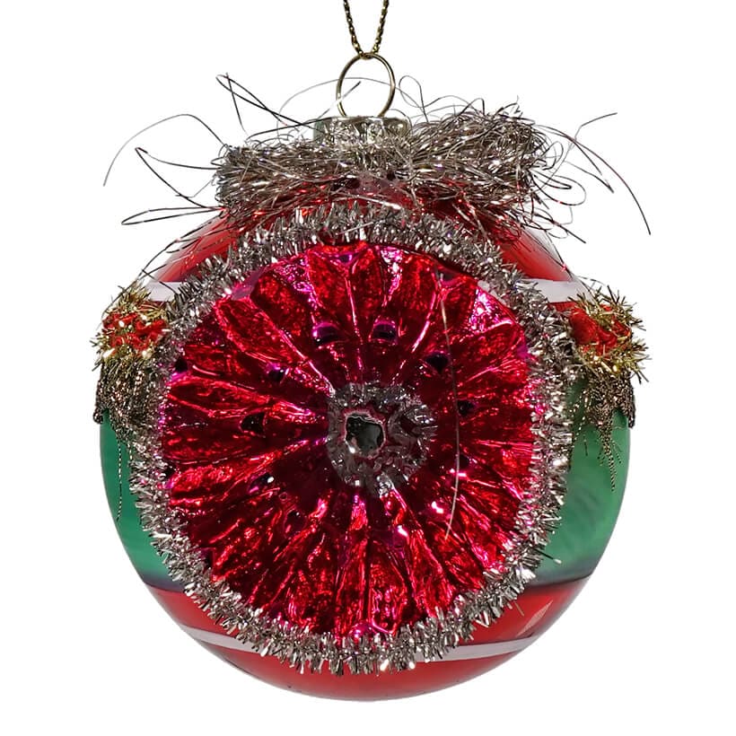 Green, Red & Pink Tinseled Reflector Indent Ball Ornament