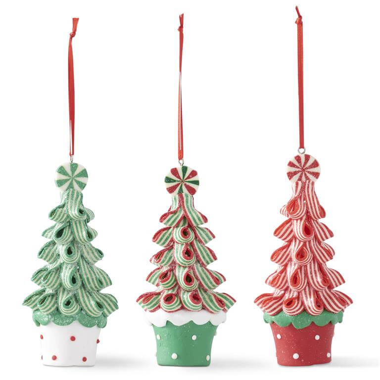 Green Red & White Ribbon Candy Tree Ornaments Set/3 - Ornaments