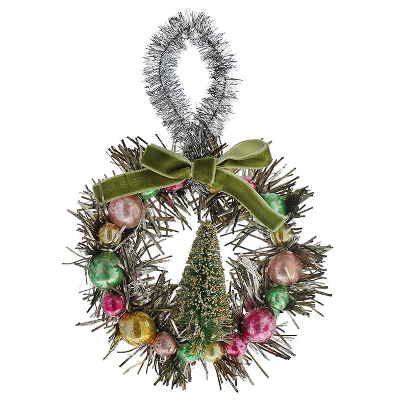 Green Ribbon Tinsel Wreath Ornament