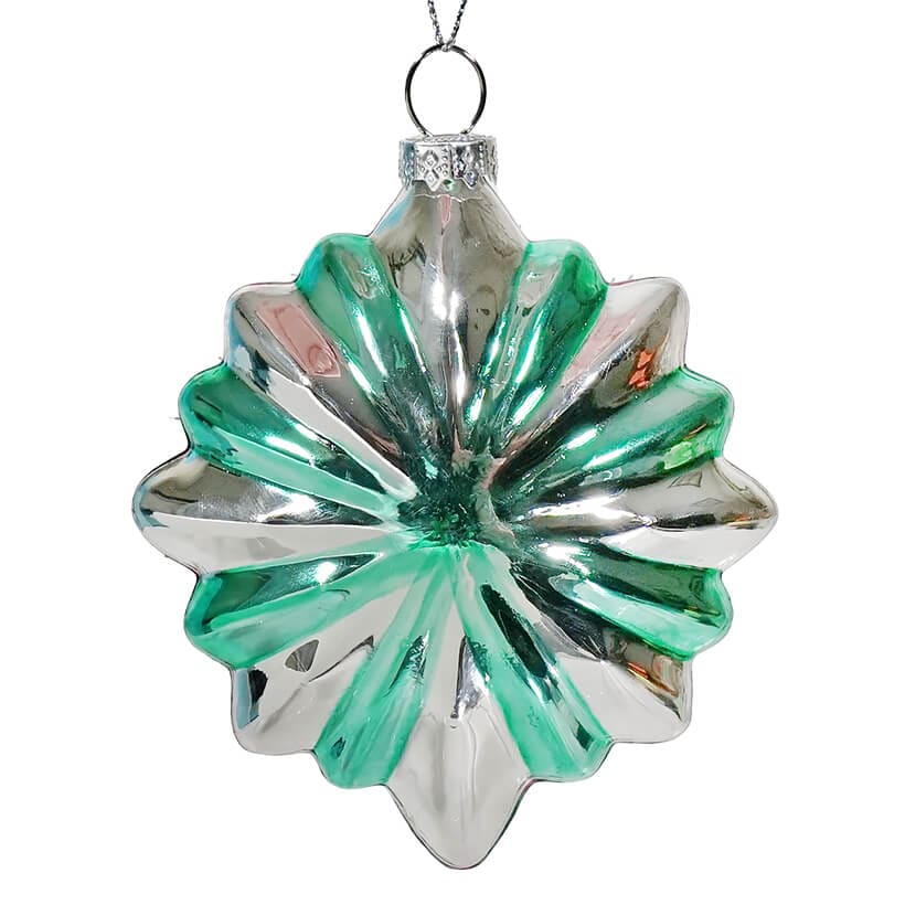 Green, Silver & Pink Tinseled Reflector Indent Star Ornament