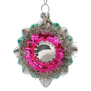 Green, Silver & Pink Tinseled Reflector Indent Star Ornament
