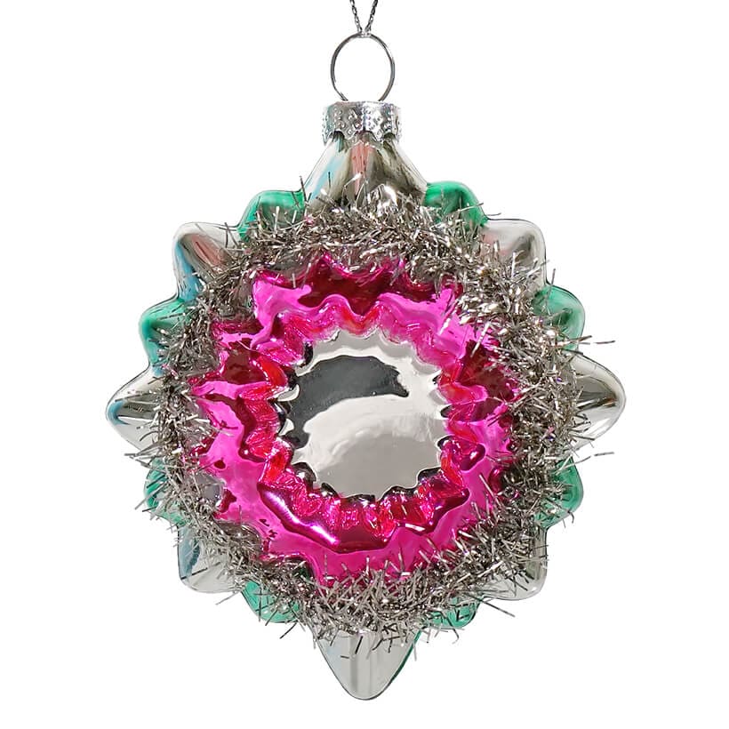 Green, Silver & Pink Tinseled Reflector Indent Star Ornament