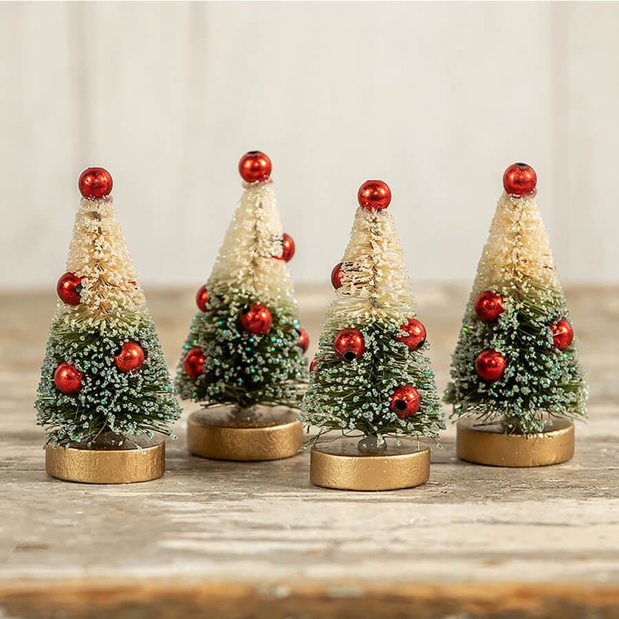 Green Striped Bottle Brush Trees With Red Beads Set/4