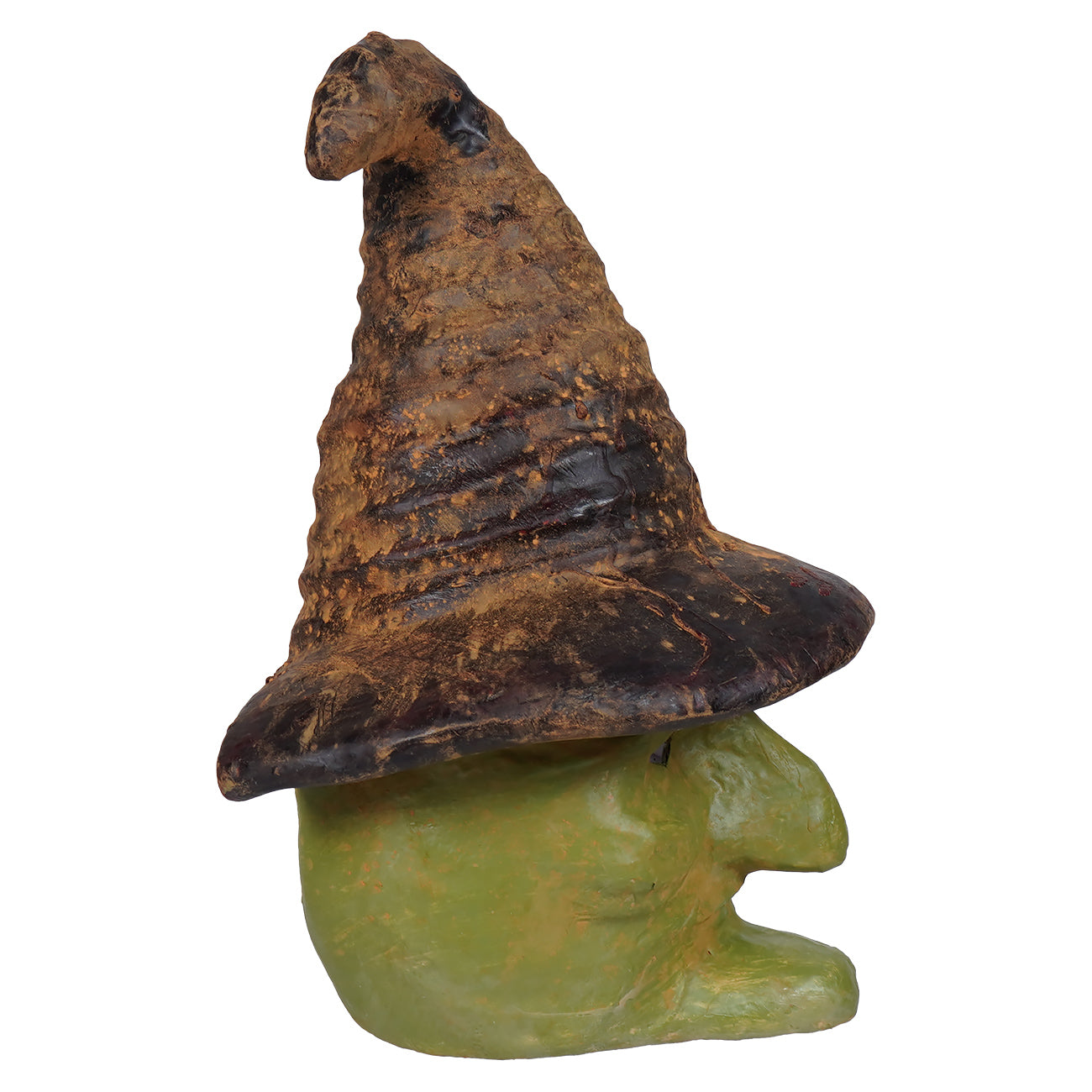 A green witch head featuring a rustic dark brown and black witch hat on a greenish yellow gnome figurine perfect for halloween witches and witch decor