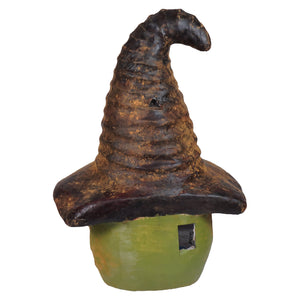 A rustic dark brown witch hat with a weathered finish on a rounded green witch head base for halloween witches decor