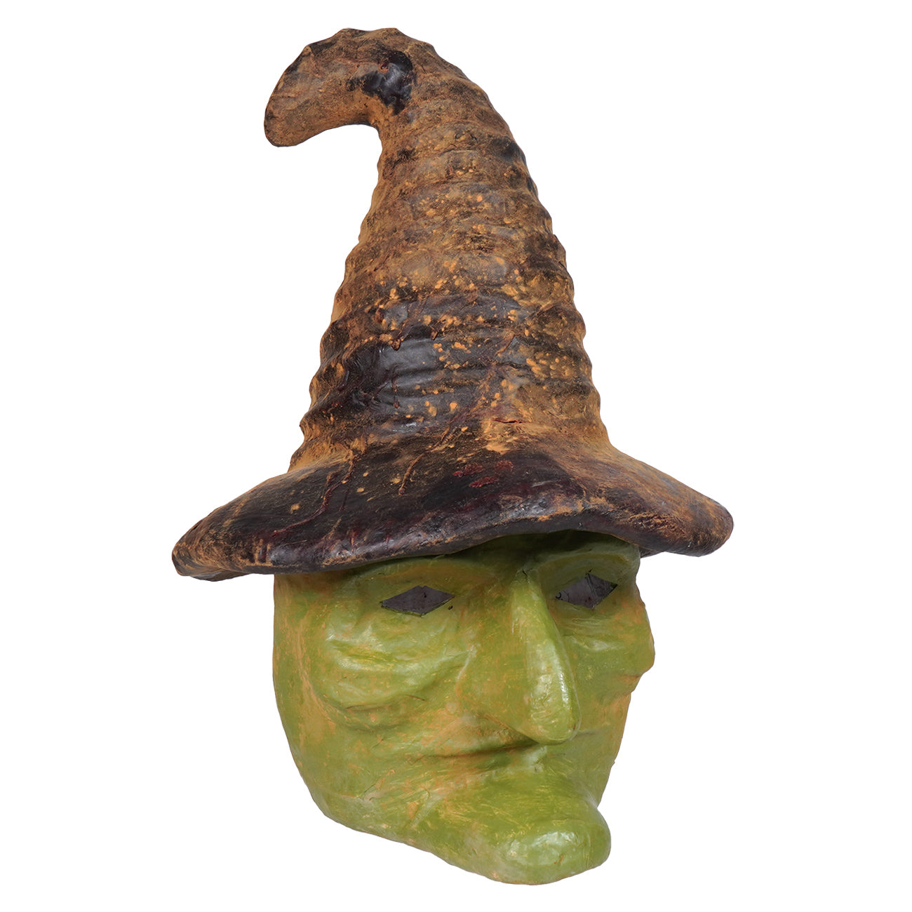 A weathered green witch head mask with a tall brown hat and black eye slits perfect for halloween witches decor