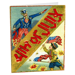 Vintage style fourth of july greeting card with uncle sam and boy waving flags on cotton paper gold stripe