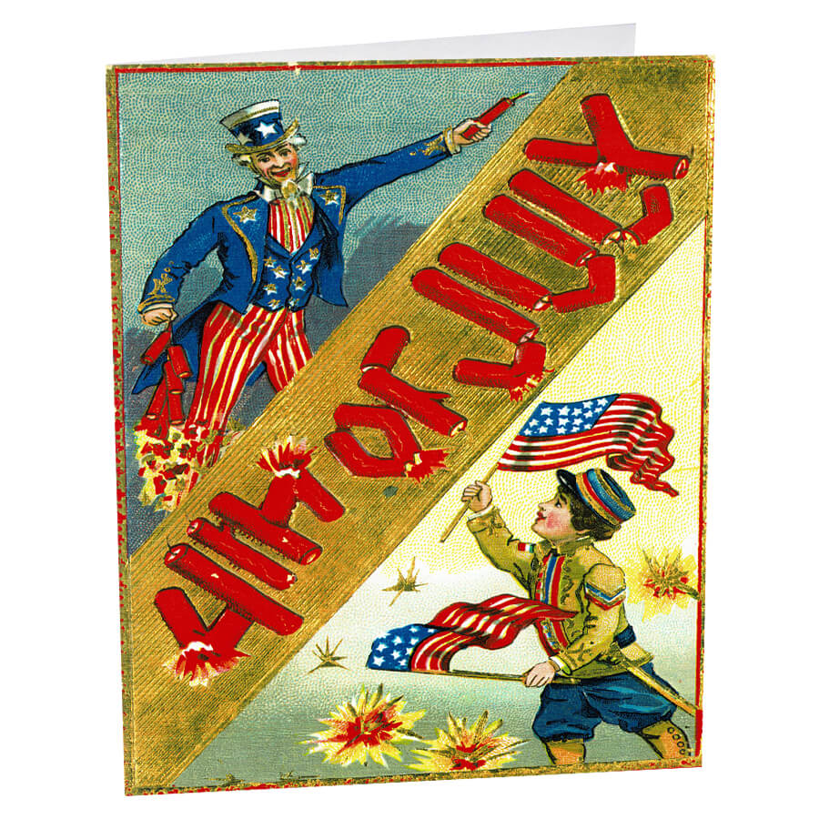 Vintage style fourth of july greeting card with uncle sam and boy waving flags on cotton paper gold stripe