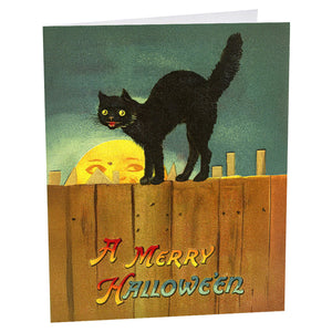 Vintage-style halloween greeting card with black cat on wooden fence on cotton paper perfect for traditions gift options