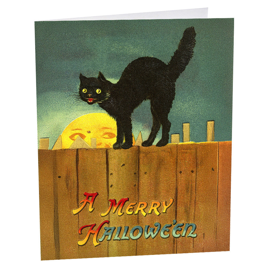 Vintage-style halloween greeting card with black cat on wooden fence on cotton paper perfect for traditions gift options