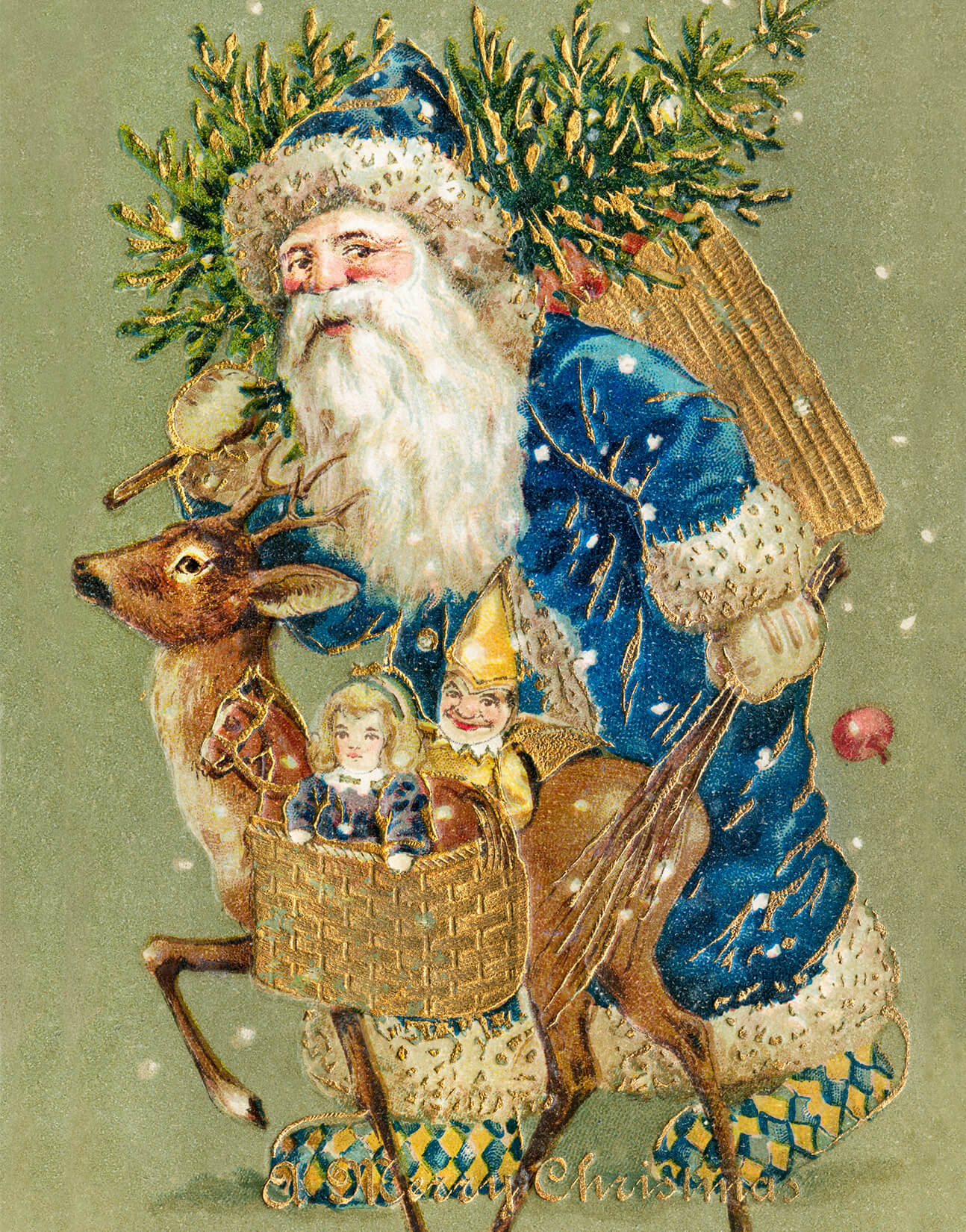 Vintage illustration of Santa Claus carrying a basket of toys and a Christmas tree.