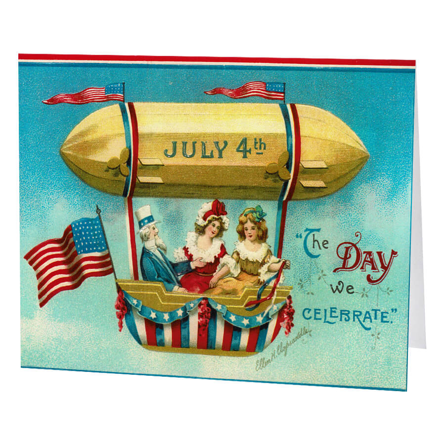 Vintage patriotic postcard depicting a yellow dirigible carrying passengers and decorated for July 4th celebrations.