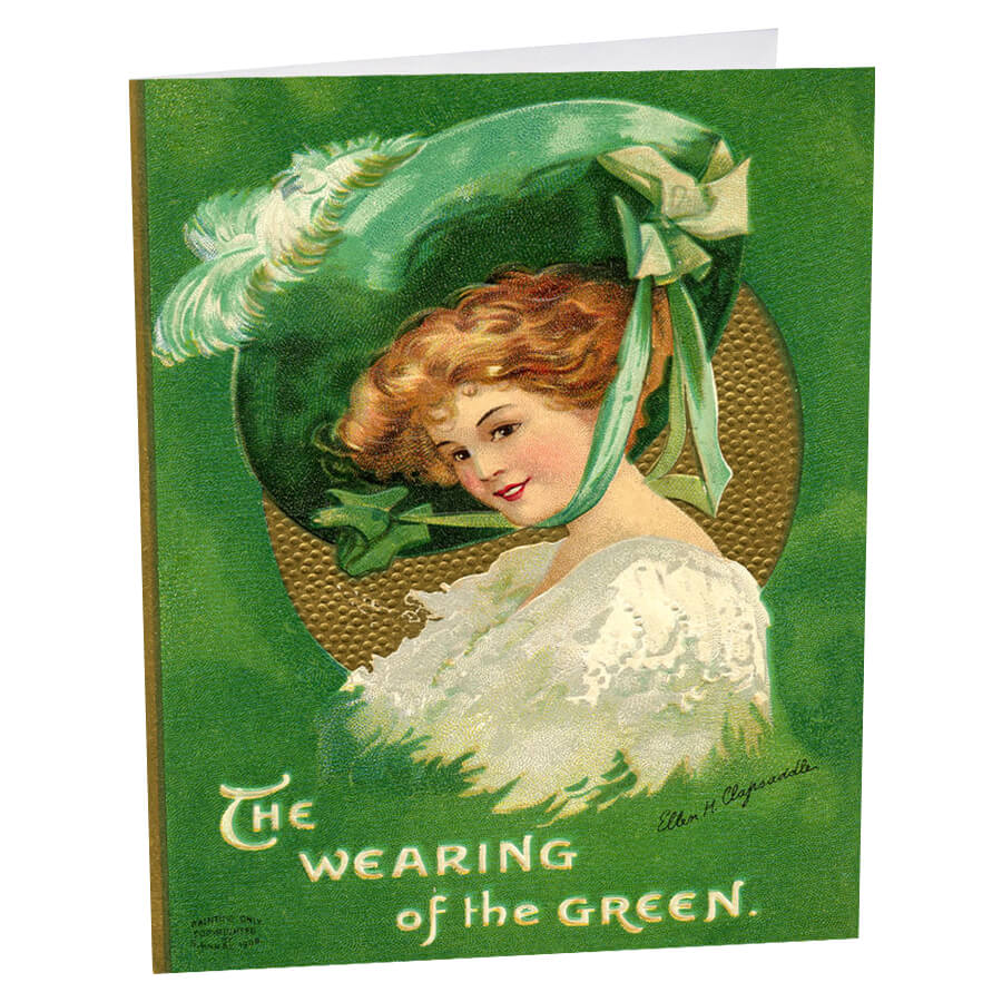 Vintage greeting card featuring a woman in a green hat with white feathers and a lacy white dress.