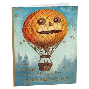 Vintage-style halloween greeting card with cheerful orange pumpkin hot air balloon on cotton paper museum grade traditions gift options