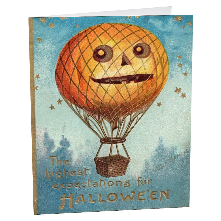 Vintage-style halloween greeting card with cheerful orange pumpkin hot air balloon on cotton paper museum grade traditions gift options