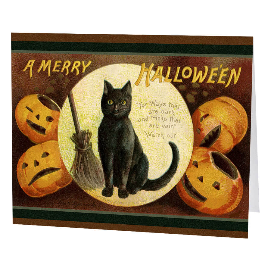 Black cat with yellow eyes holding a broomstick on cotton paper greeting card surrounded by carved pumpkins
