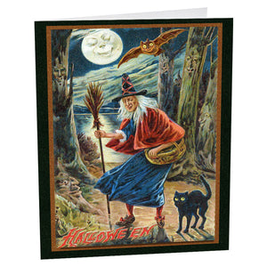 Vintage-style halloween greeting card with witch in red cloak on cotton paper museum grade traditions gift option
