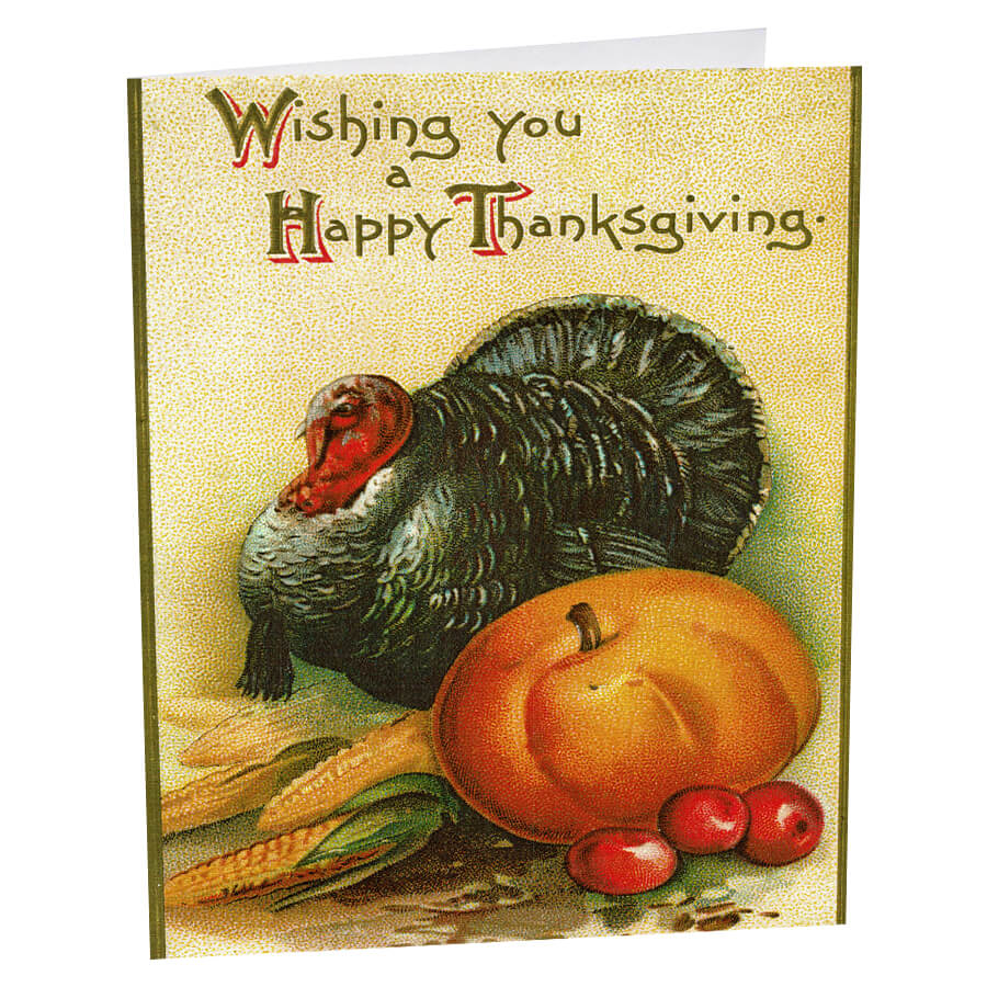 Vintage Thanksgiving greeting card featuring a turkey, pumpkin, corn, and cranberries.