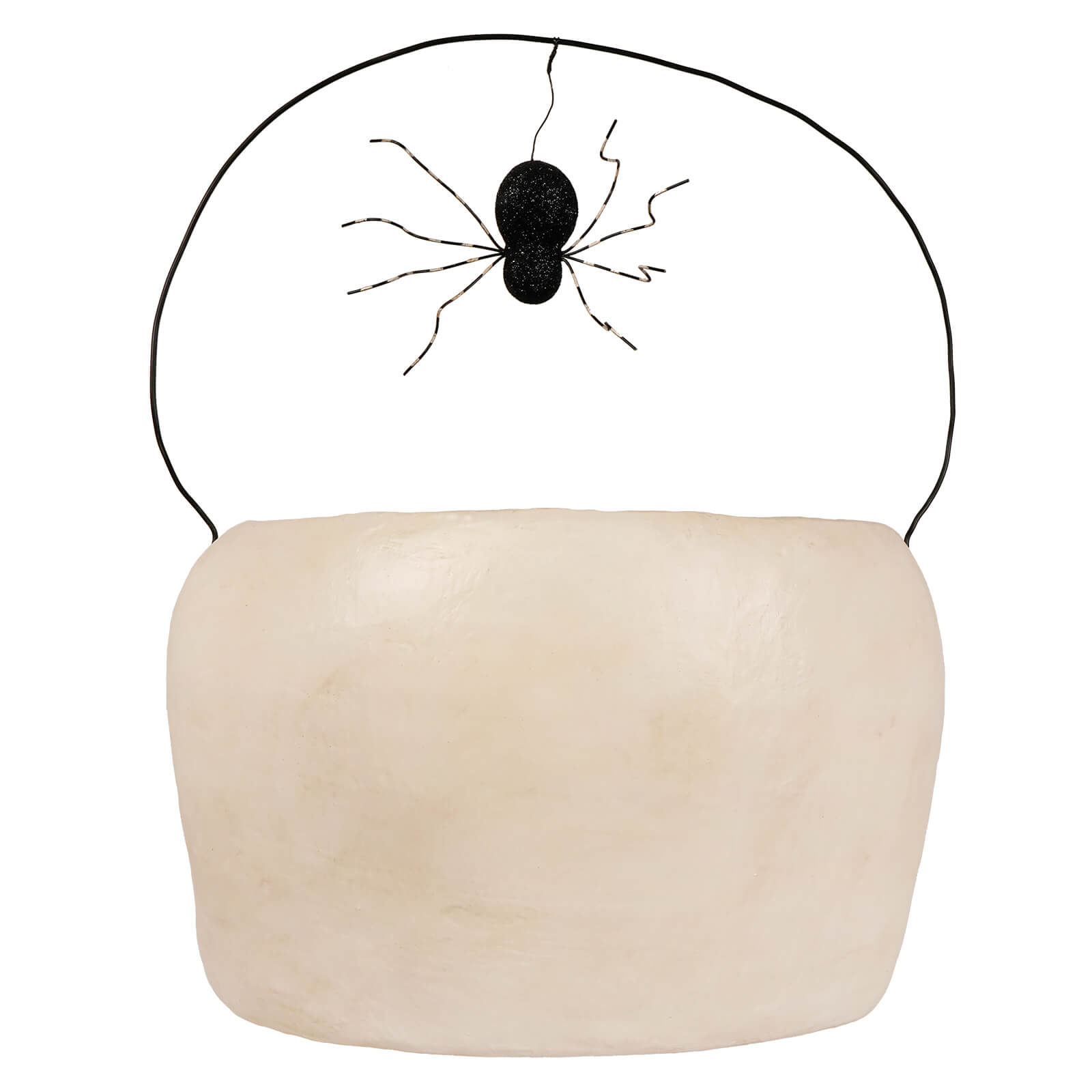 Cream-colored grim bucket halloween bucket with black wire handle and glittery black spider for spooky decor