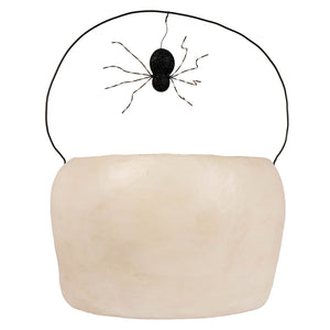 Cream-colored grim bucket halloween bucket with black wire handle and glittery black spider for spooky decor