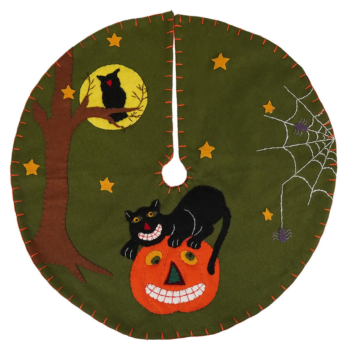 Grinning Black Cat Atop Smiling Pumpkin Tree Skirt