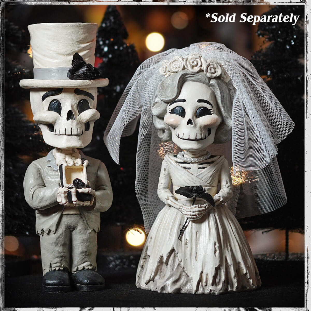 White skeleton bride and groom figurines in wedding attire with groom holding ring box perfect skeleton decor figures and ornaments skelly
