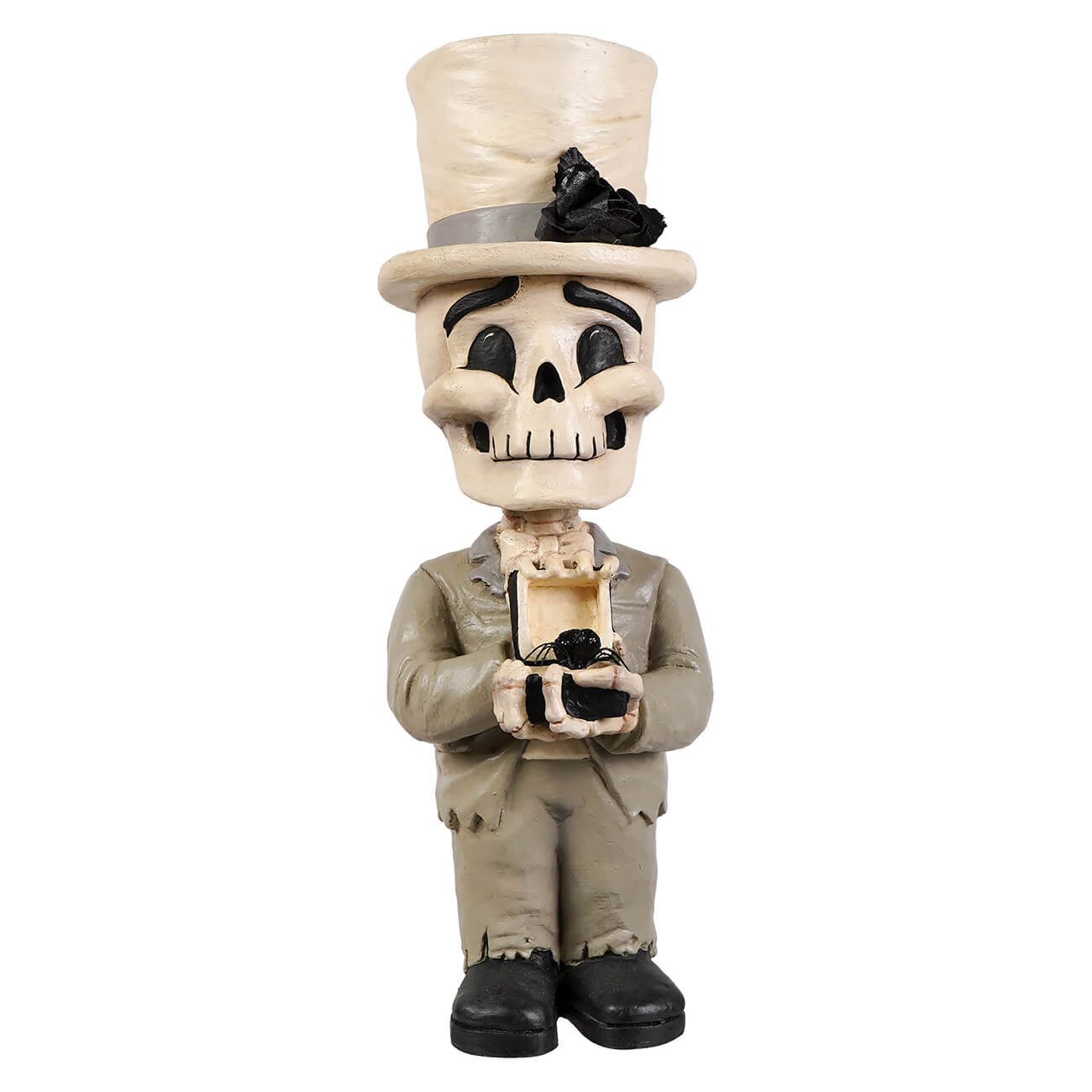 Beige skeleton decor figure skelly groom mortimer in tattered gray suit and top hat holding an open box