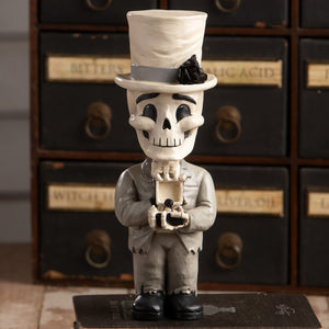 Groom mortimer skelly skeleton decor figure in gray suit and top hat holding open ring box with black rose lapel