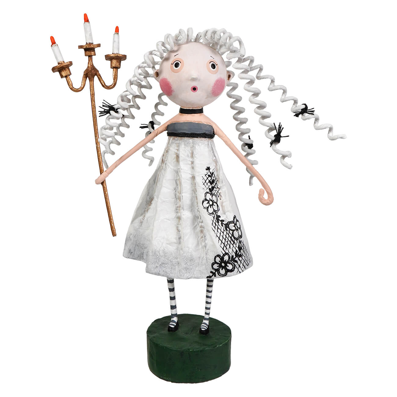 White curly-haired lori mitchell figurine in silver dress with black lace holding golden candelabra guiding light halloween