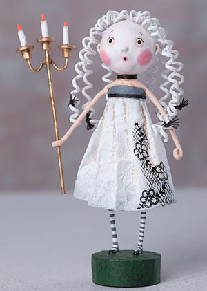 A whimsical white porcelain lori mitchell figurine with curly silver hair holding a golden candelabra guiding light