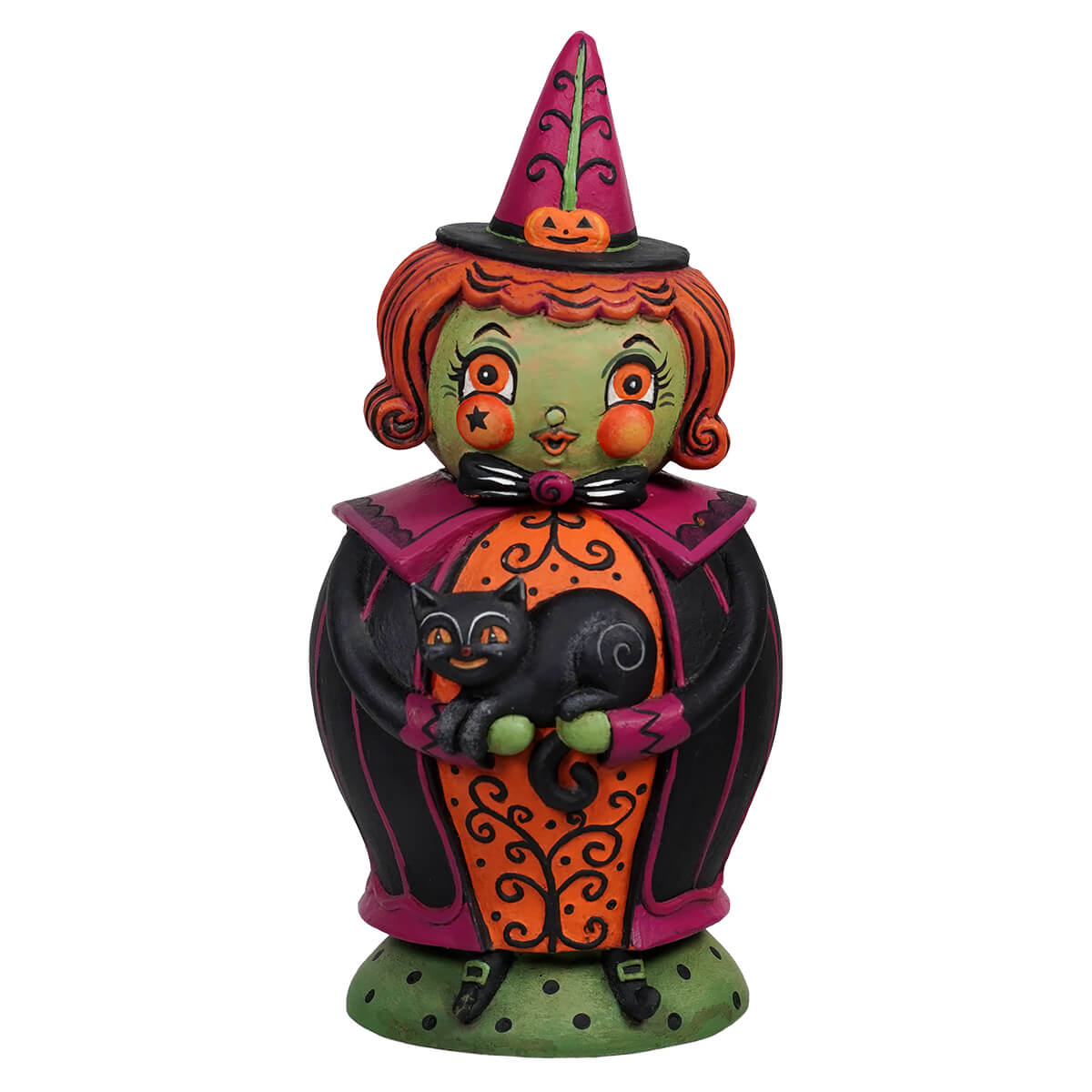Whimsical witch figurine with black cat inside jack spooks jar featuring a carved jack o lantern design