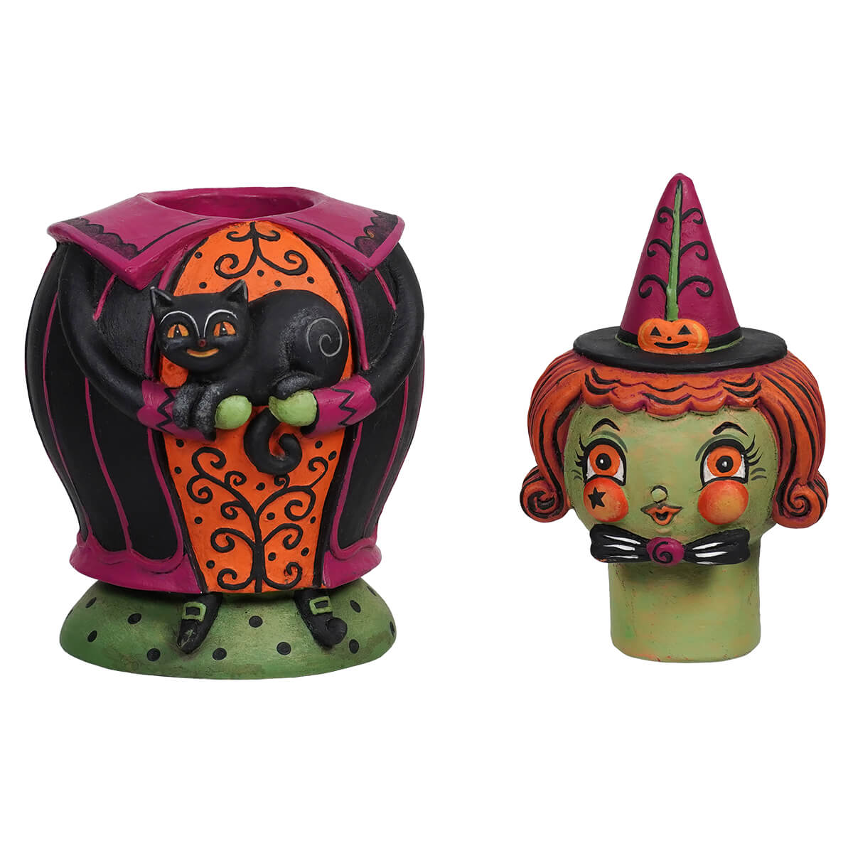 Vibrant halloween ceramic candle holder jack spooks jar with black cat on orange purple dress and green polka feet