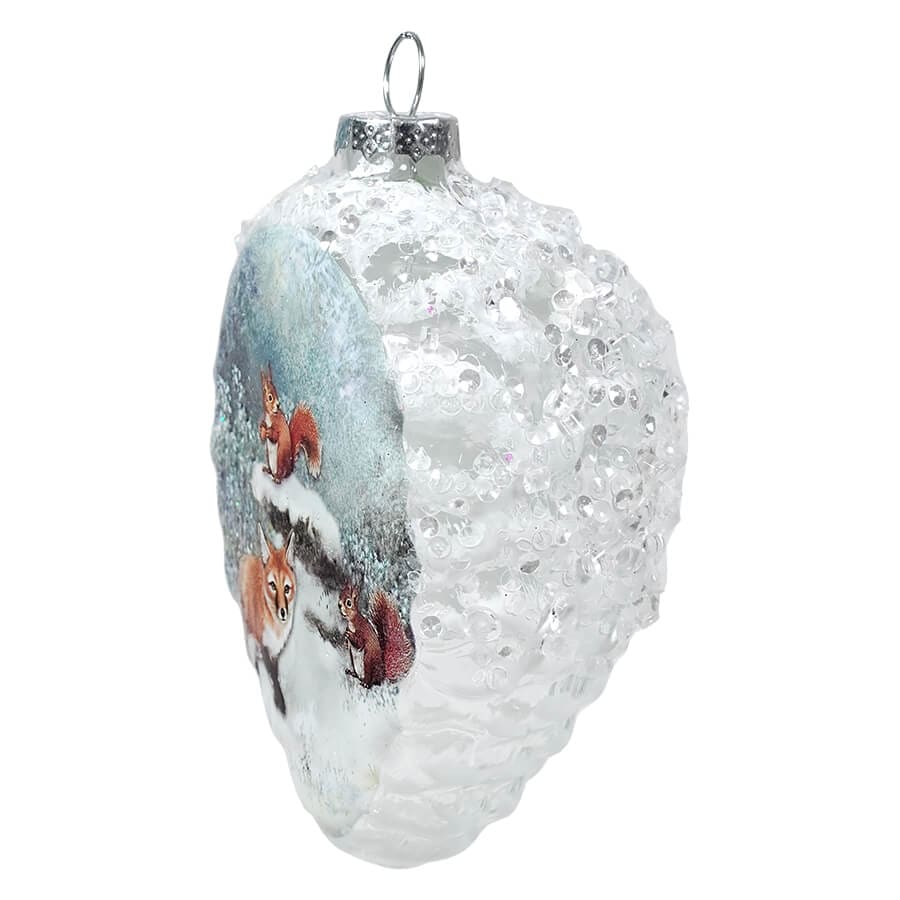 Half Pine Cone Shaped Fox & Squirrel Winter Scene Glass Ornament