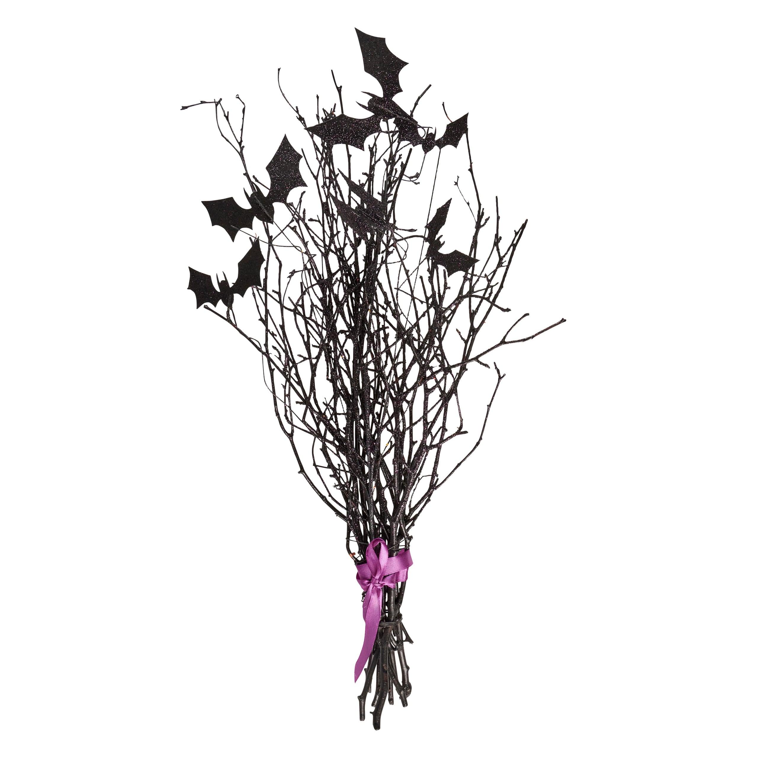Black glittery halloween bat bouquet made of decorative twigs tied with a purple ribbon for spooky decor