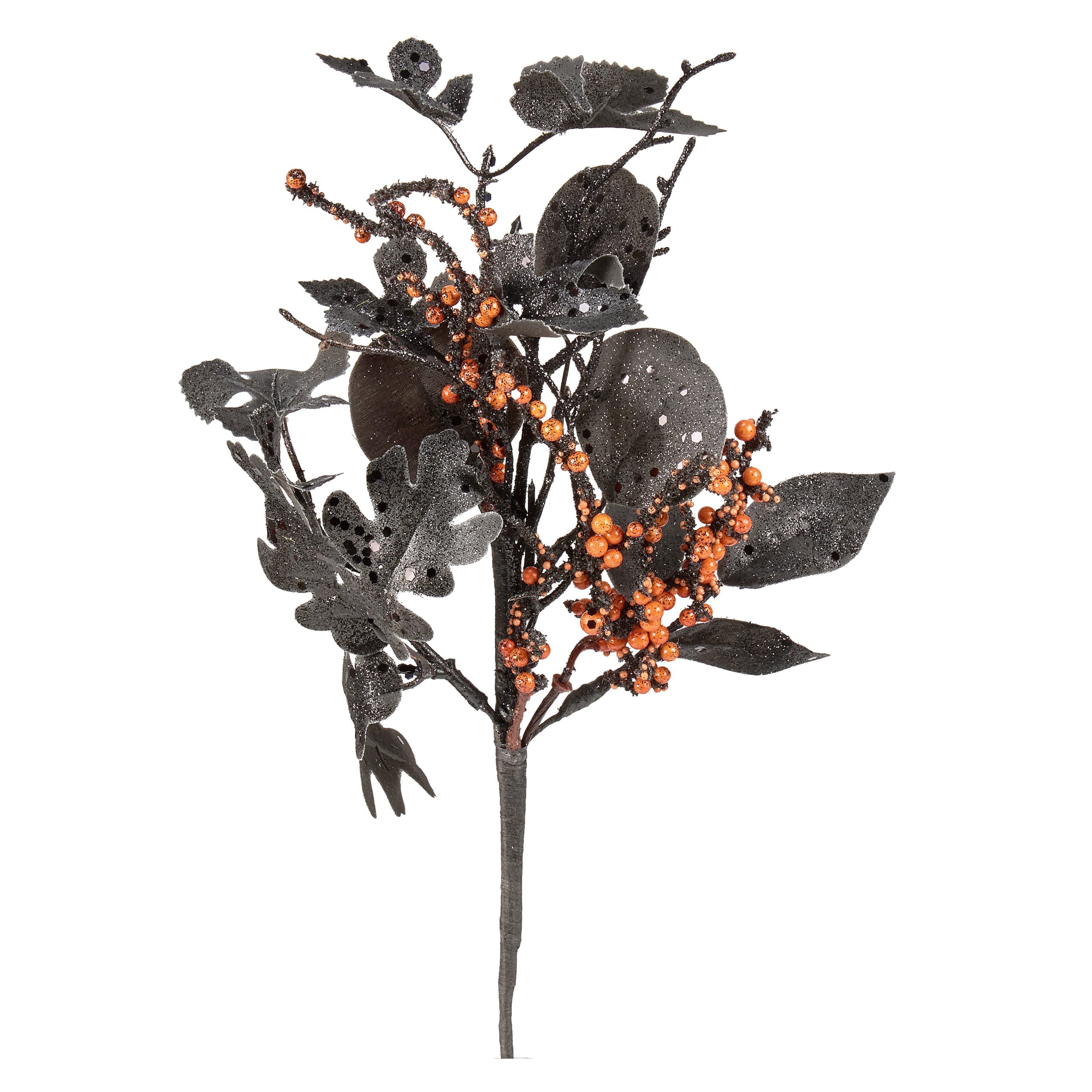 Black glittery artificial foliage with orange berries halloween berry floral pick for spooky decor