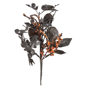 Black glittery artificial foliage with orange berries halloween berry floral pick for spooky decor