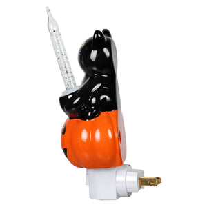Halloween black cat ceramic night light in black and orange holding a thermometer jack-o’-lantern bubble decor