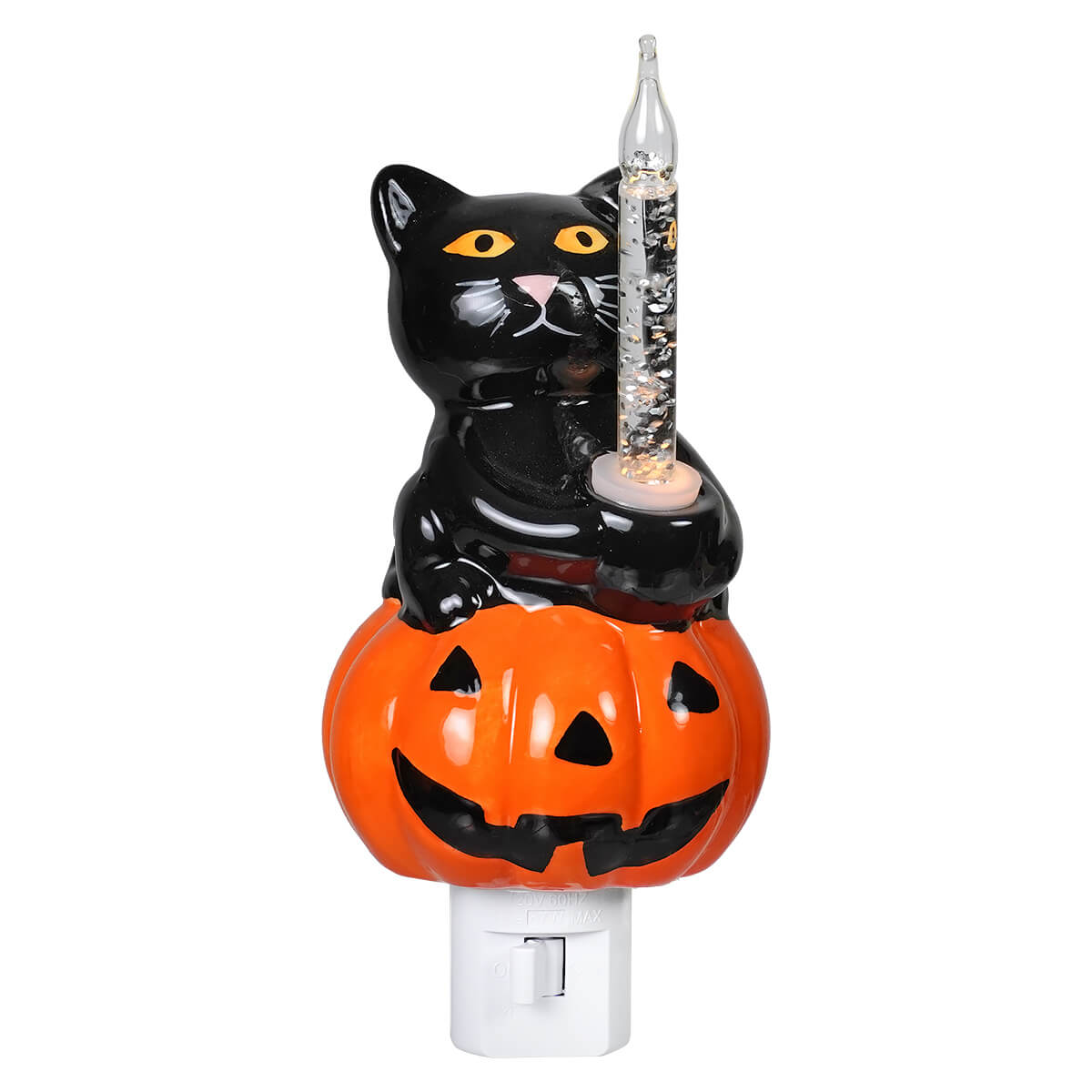 Halloween black cat ceramic figurine with yellow eyes on an orange jack-o-lantern bubble light base for halloween lights & decor