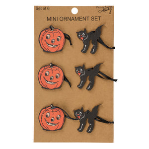Set of six vintage-style halloween mini ornaments with orange pumpkins and black cats on brown cardboard backing