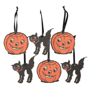 Halloween mini ornament set with orange jack-o-lantern and black cat ornaments featuring stitched smiling faces