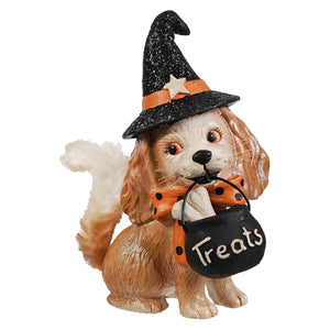 A charming bethany lowe design halloween frankie tablepiece of a brown and white cocker spaniel witch figurine with a glittery hat and treat bag