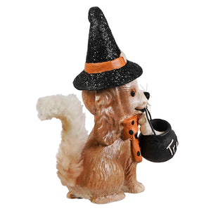 A charming brown resin squirrel figurine wearing a black glitter witch hat holding a cauldron halloween frankie bethany lowe design