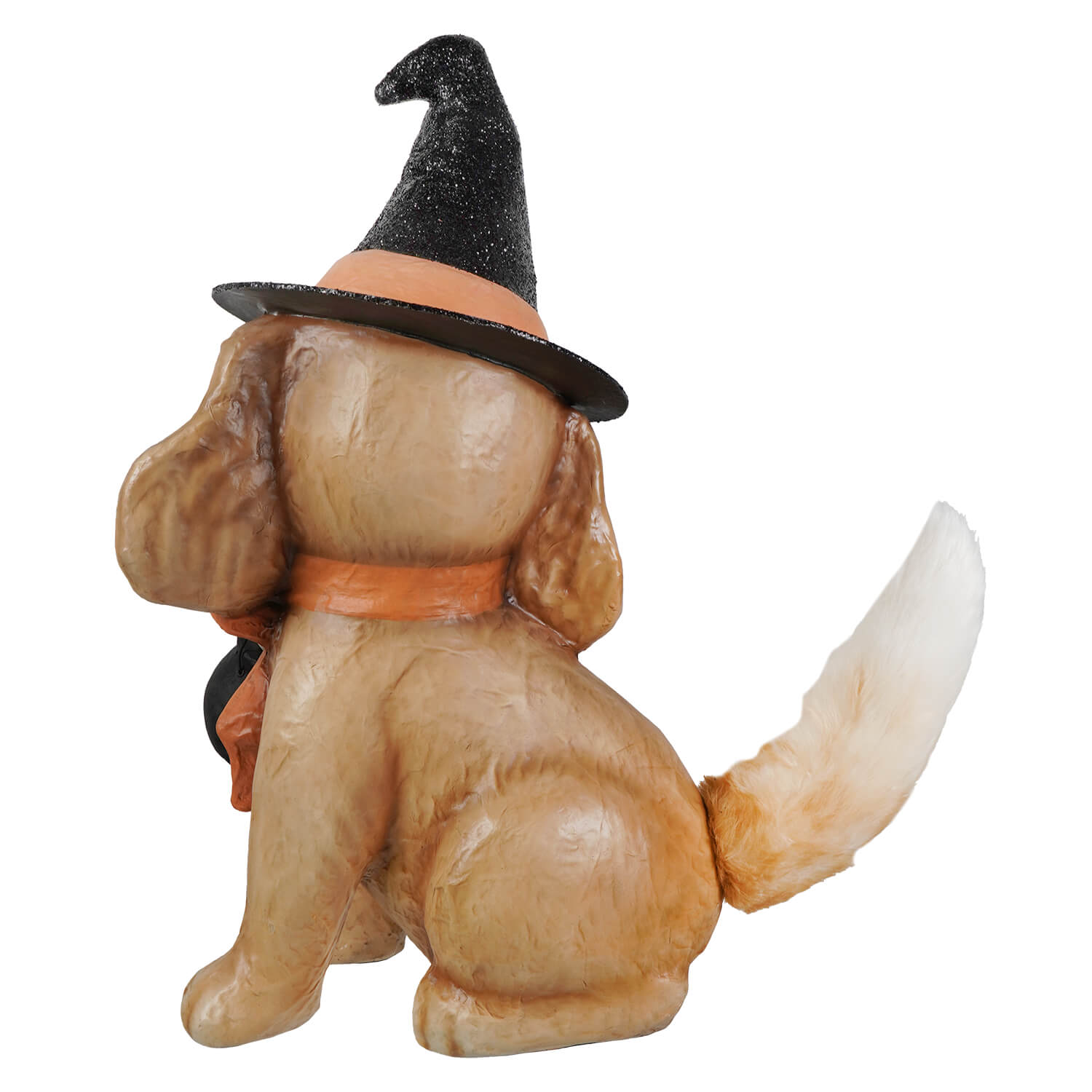 A tan glossy resin dog figurine wearing a black glittery witch hat holding a pumpkin halloween frankie decoration