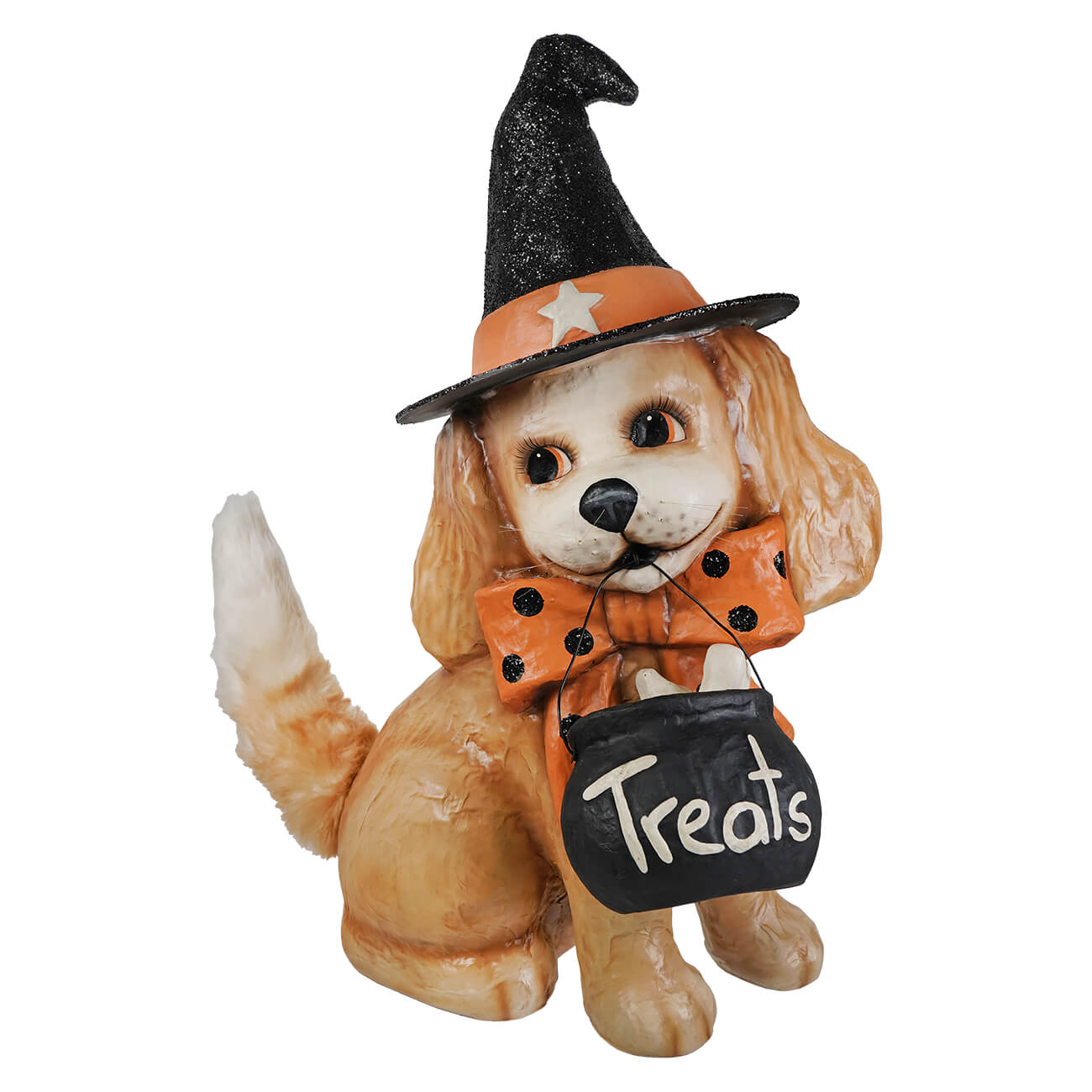 A charming tan puppy figurine wearing a black glitter witch hat and orange bowtie holding a black treats cauldron halloween frankie