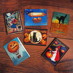 Vintage halloween greeting cards set of 6 with whimsical witches black cats jack o lanterns and hot air balloons on wood