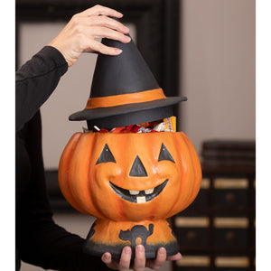Orange plastic halloween jack o lantern candy bucket with black witch hat and cat silhouette base for halloween pumpkins and gourds